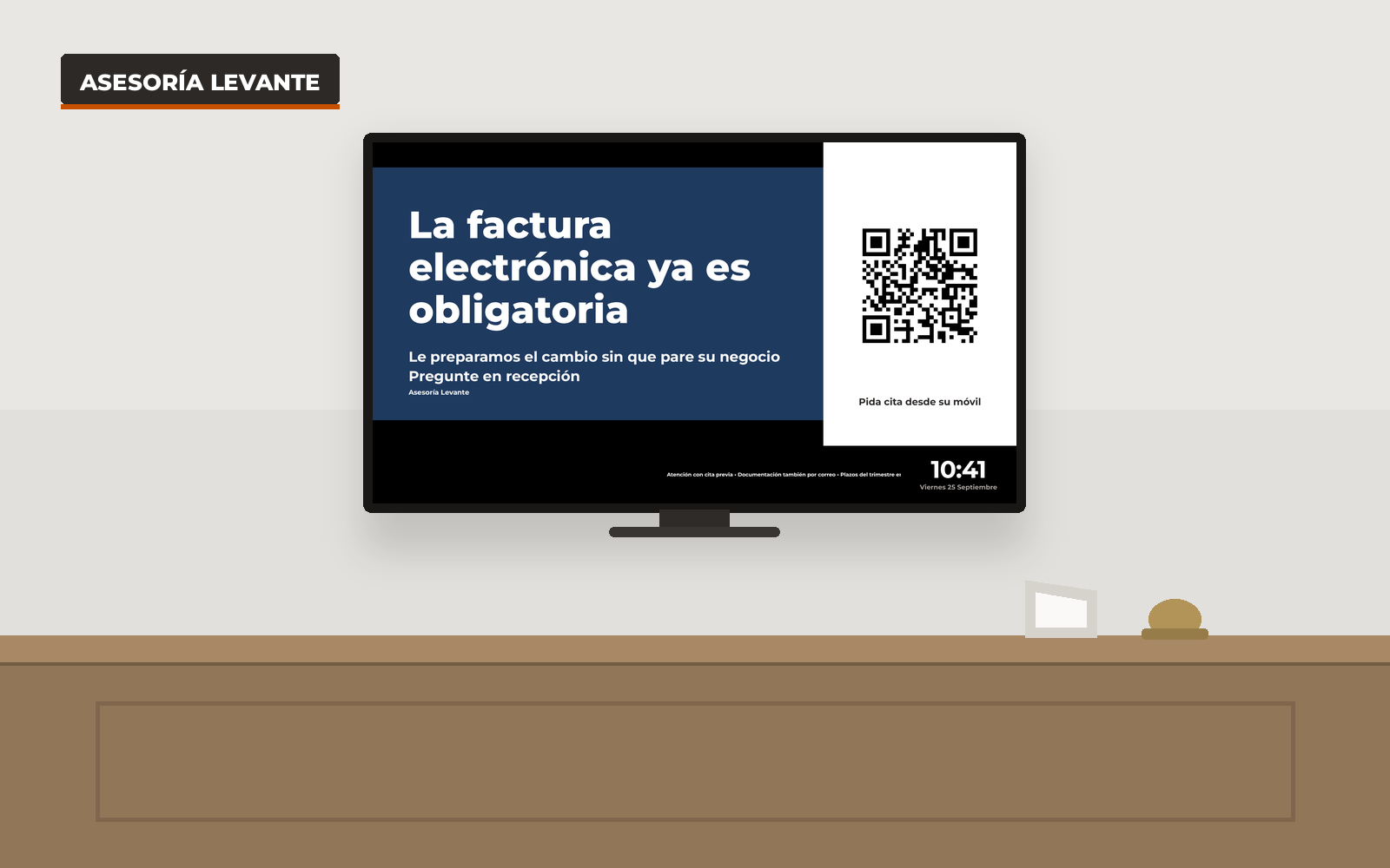 Pantalla de asesorías y despachos emitiendo en el local